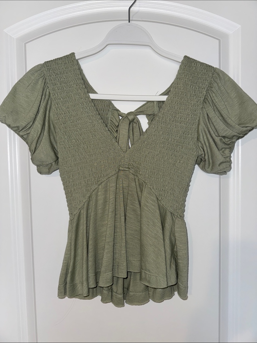 Altar'd State Olive Smocked V-Neck Peplum Top